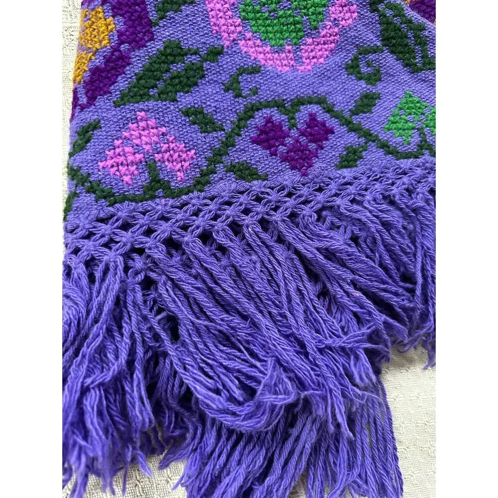 Mexican Mañanita embroidered poncho purple bird floral primitive folk fringed
